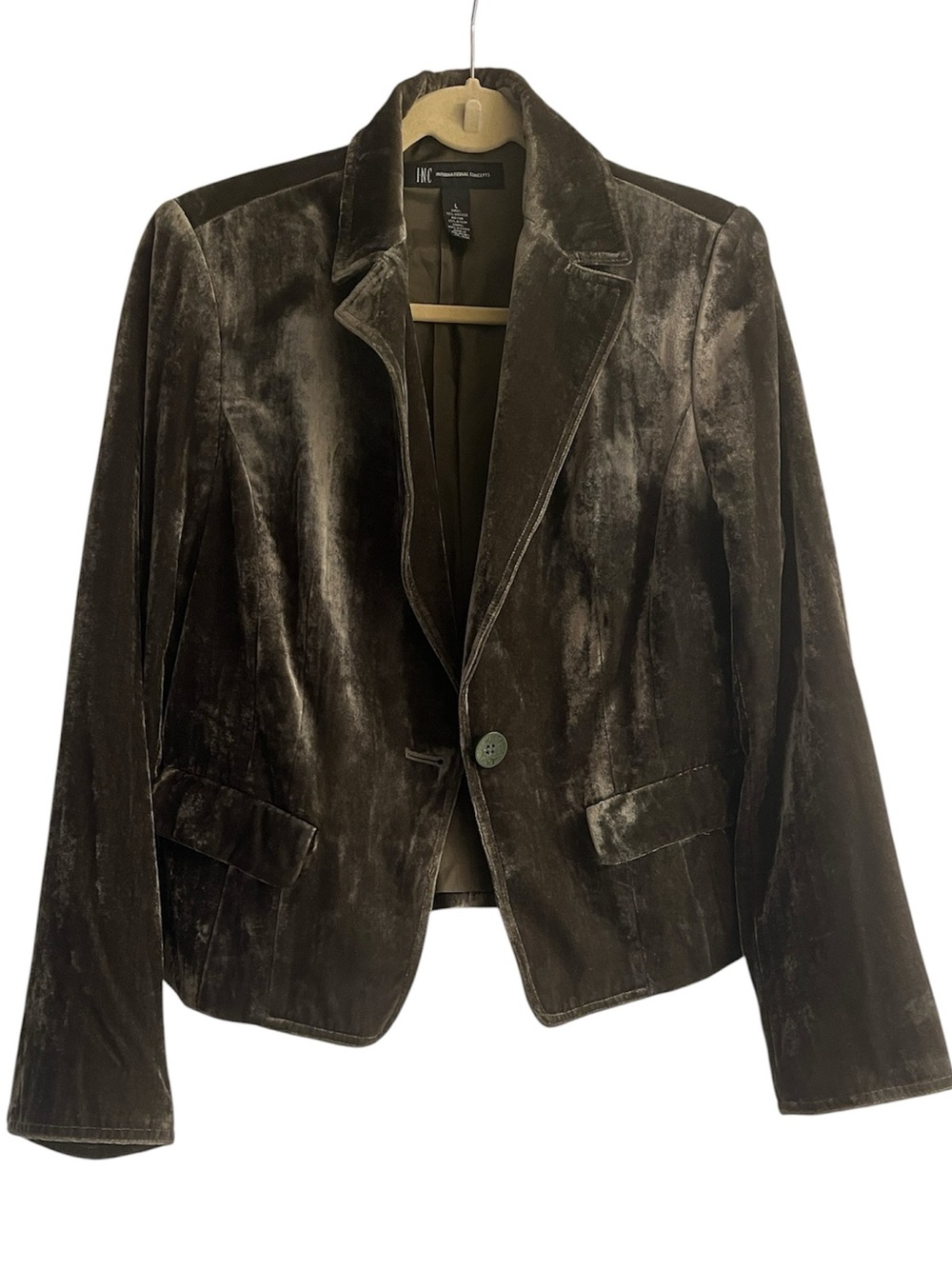 INC International Concepts Cropped Velvet Blazer in a dark olive size L